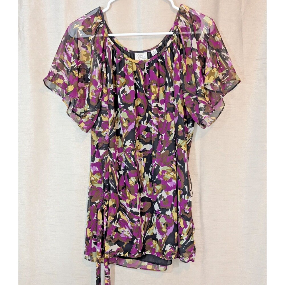 Point of View Women's 14 Purple Abstract Floral Blouse Flutter Sleeve Dark Fairy